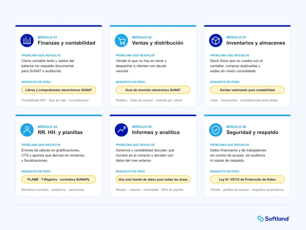 Seis módulos de una herramienta ERP y el problema que resuelve cada uno en una empresa peruana